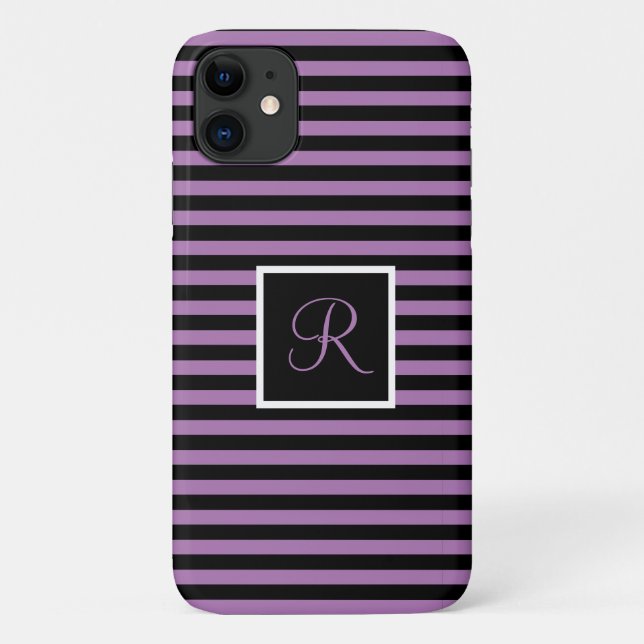 Custom Initial Purple and Black Striped  Case-Mate iPhone Case (Back)