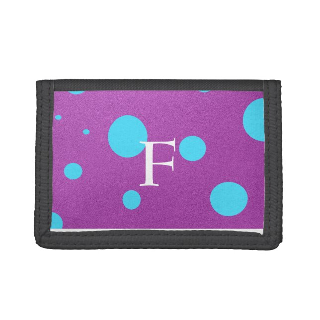 Custom Initial Purple and Blue Polka Dot Wallet (Front)