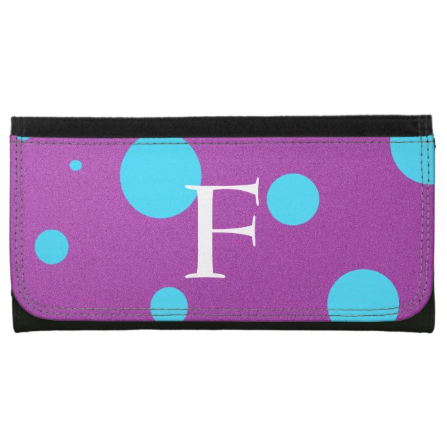 Custom Initial Purple and Blue Polka Dot Wallet (Front)