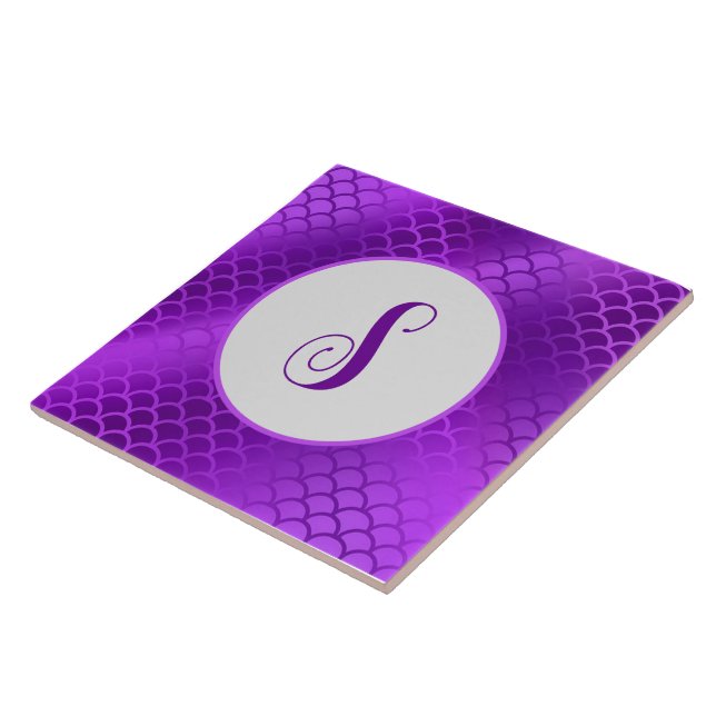 Custom initial purple mermaid scales pattern ceramic tile (Side)