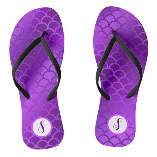 Custom initial purple mermaid scales pattern flip flops