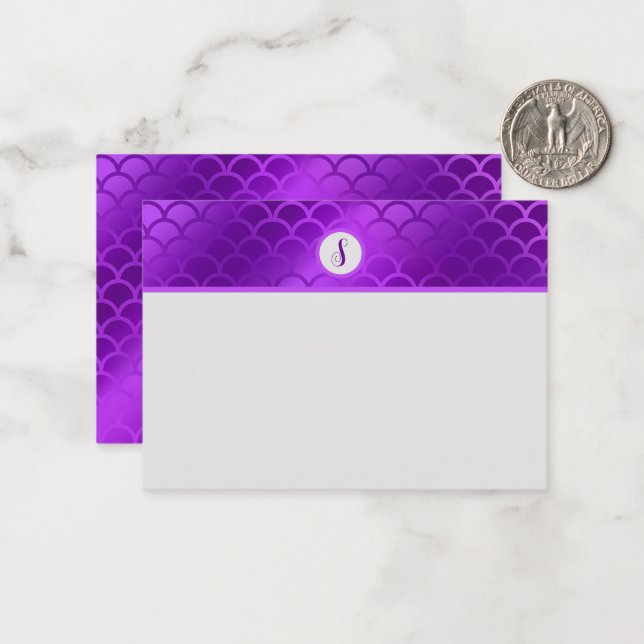 Custom initial purple mermaid scales pattern note card (Front/Back In Situ)