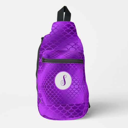 Custom initial purple mermaid scales pattern sling bag