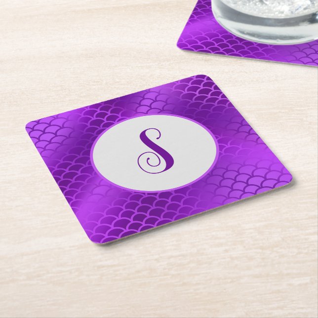 Custom initial purple mermaid scales pattern square paper coaster (Angled)