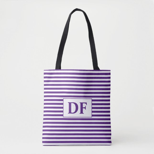 Custom Initial Purple/White Stripes Tote Bag (Front)