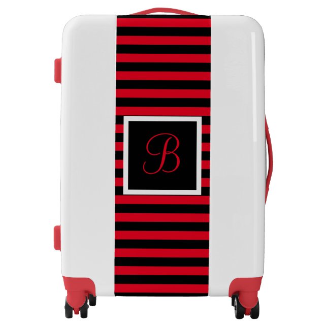 Custom Initial Red and Black Striped Luggage (Front)