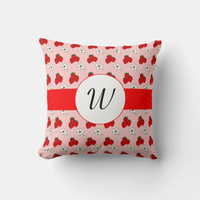 Custom Initial Red Strawberries and Flowers Pillow (Front)
