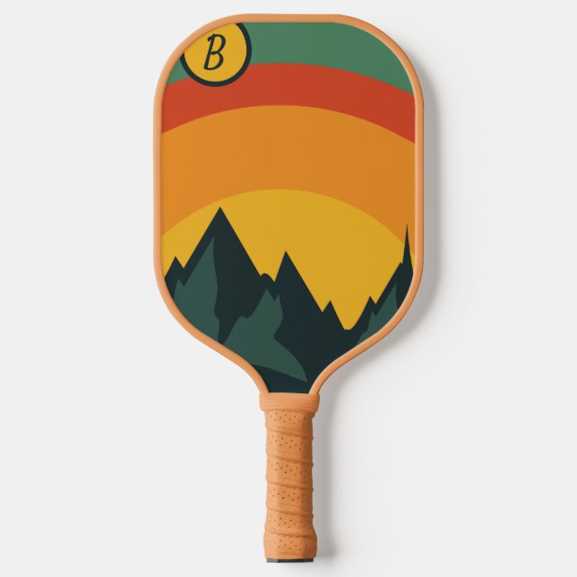 Custom Initial Retro Mountain Sunset Pickleball Paddle (Front)