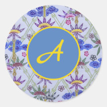 CUSTOM INITIAL ROUND STICKER WITH BLUE FLOWERS