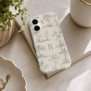 Custom Initial Sage Green Toile Wallpaper Style iPhone 17 Case