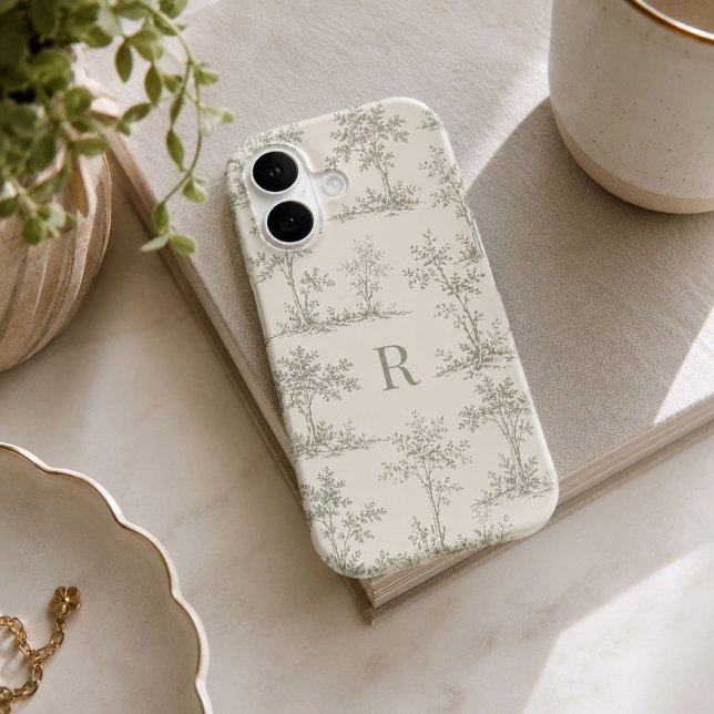 Custom Initial Sage Green Toile Wallpaper Style iPhone Case (Creator Uploaded)