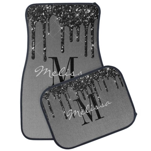 Custom Initial Script Glitter Drip Off Black Car Floor Mat