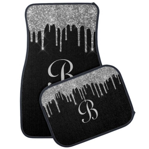 Custom Initial Script Glitter Drip Silver Black Car Floor Mat