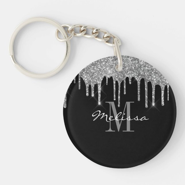 Custom Initial Script Glitter Drip Silver Keychain (Front)