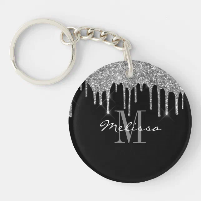 Custom Initial Script Glitter Drip Silver Keychain | Zazzle