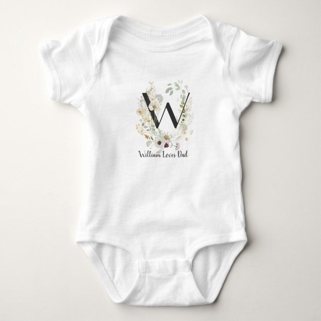 Custom Initial W With Soft colour Wild flowers Baby Bodysuit (Front)