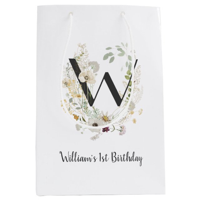 Custom Initial W With Soft colour Wild flowers Medium Gift Bag (Front)
