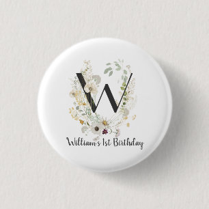 Custom Initial W With Soft colour Wild flowers Reu Button