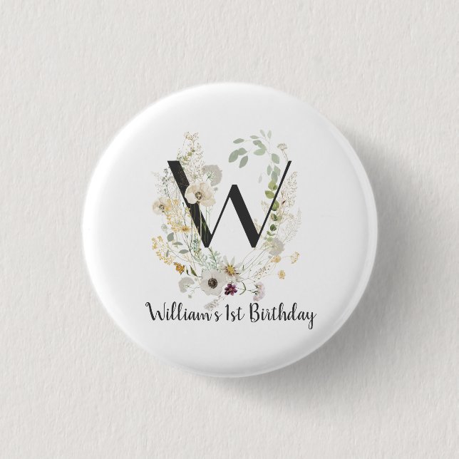 Custom Initial W With Soft colour Wild flowers Reu Button (Front)