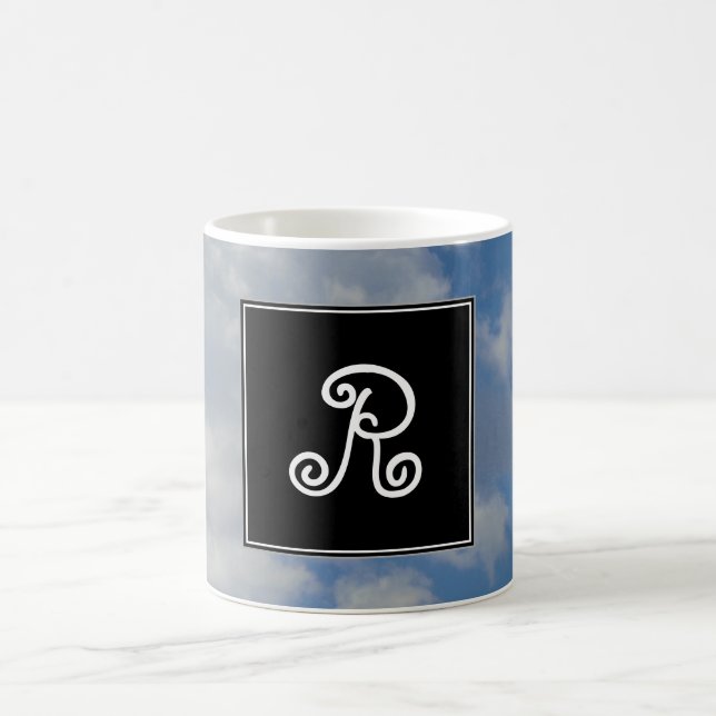 Custom Initial + White/Gray Clouds and Blue Sky Coffee Mug (Center)