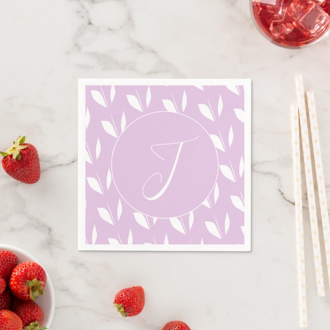 Custom initial white silhouette leaves purple napkins (Insitu)