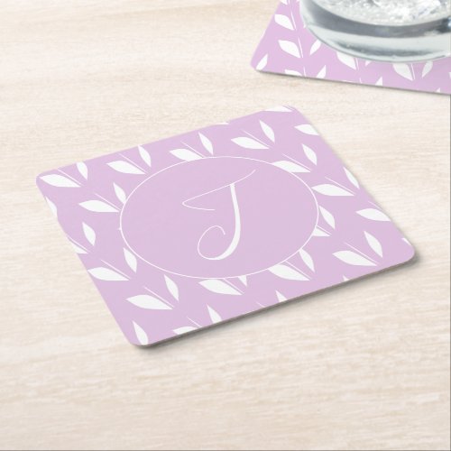 Custom initial white silhouette leaves purple square paper coaster