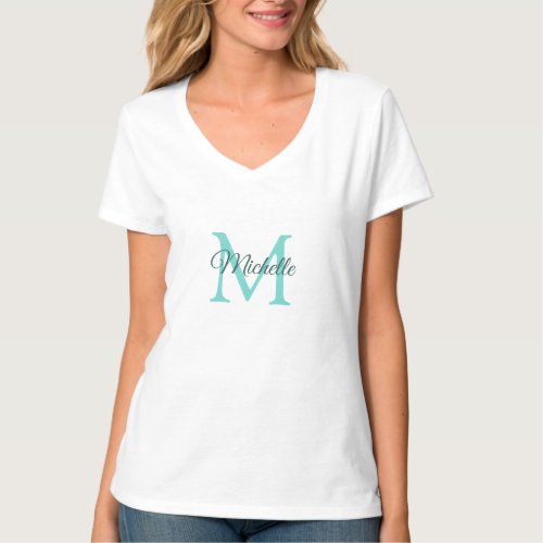 Custom Initial Womens V_Neck Light Teal Monogram T_Shirt