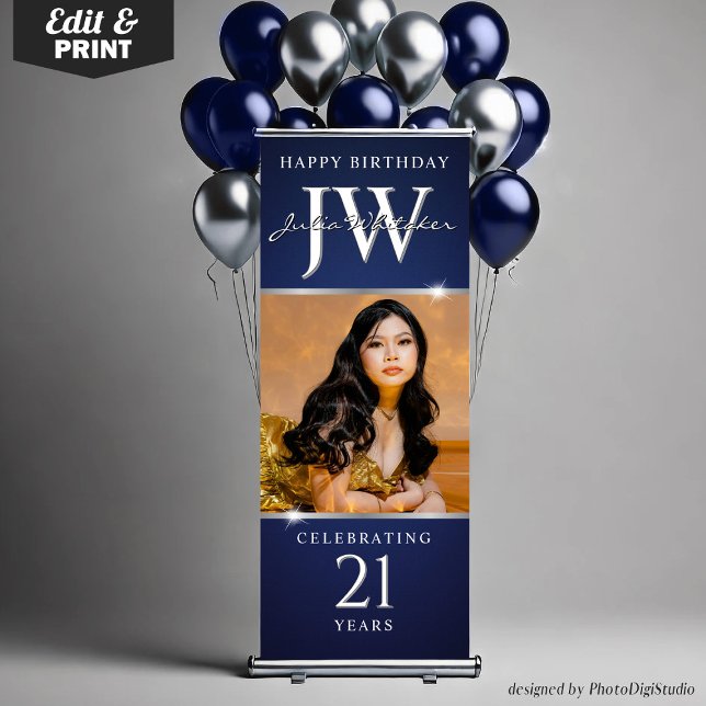 Custom Initials 21st Birthday Decor Blue Silver Retractable Banner (Custom Initials 21st Birthday Decor Blue Silver Retractable Banner)