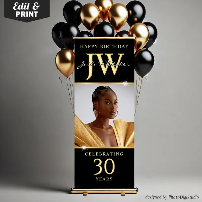 Custom Initials 30th Birthday Banner Black Gold  (Custom Initials 30th Birthday Banner, Elegant Black Gold Retractable Banner with Monogram)