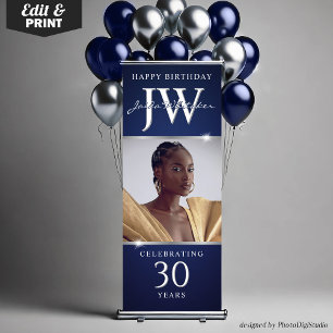 Custom Initials 30th Birthday Banner Blue Silver