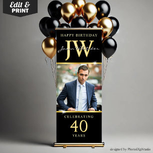 Custom Initials 40th Birthday Banner Black Gold