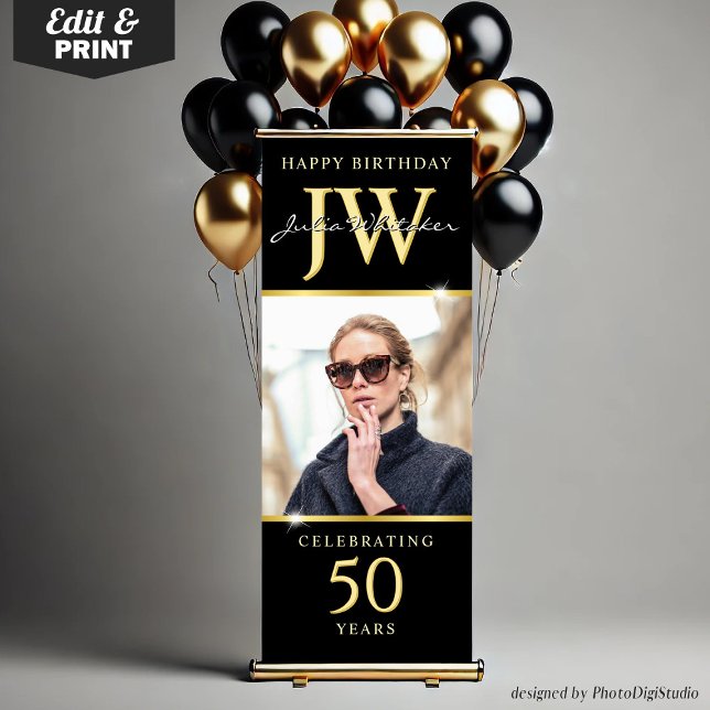 Custom Initials 50th Birthday Banner Black Gold  (Custom Initials 50th Birthday Banner, Elegant Black Gold Retractable Banner with Monogram)