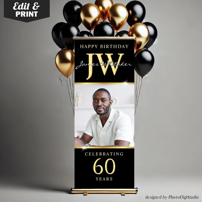 Custom Initials 60th Birthday Banner Black Gold  (Custom Initials 60th Birthday Banner, Elegant Black Gold Retractable Banner with Monogram)