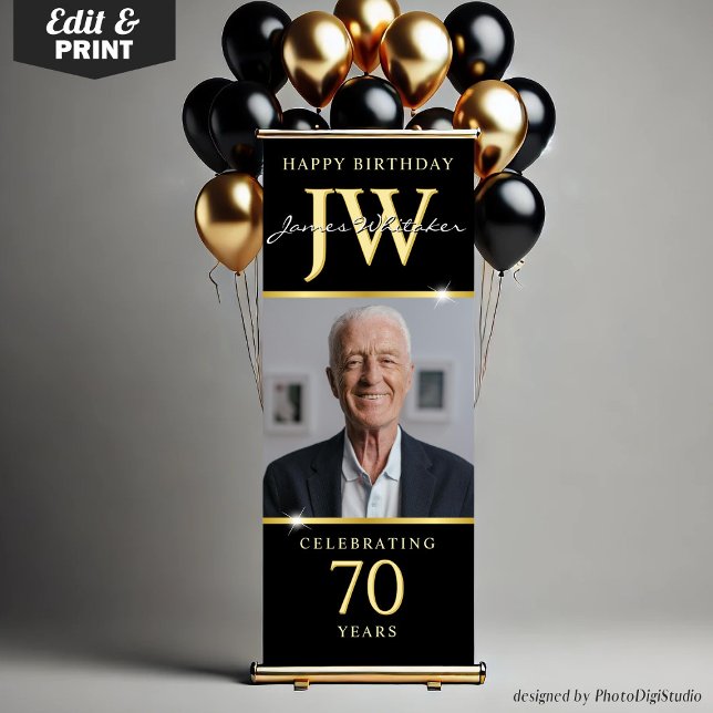 Custom Initials 70th Birthday Banner Black Gold  (Custom Initials 70th Birthday Banner, Elegant Black Gold Retractable Banner with Monogram)