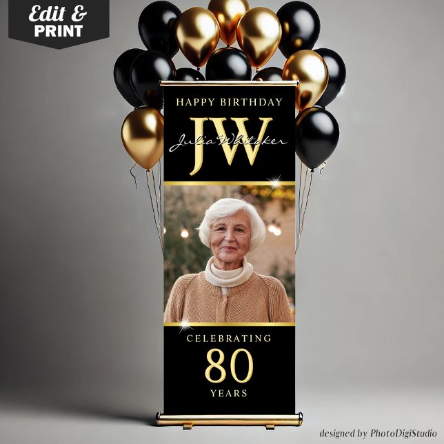 Custom Initials 80th Birthday Banner Black Gold  (Custom Initials 80th Birthday Banner, Elegant Black Gold Retractable Banner with Monogram)