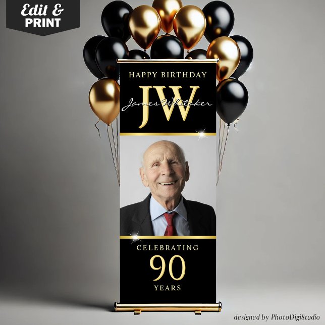 Custom Initials 90th Birthday Banner Black Gold  (Custom Initials 90th Birthday Banner, Elegant Black Gold Retractable Banner with Monogram)