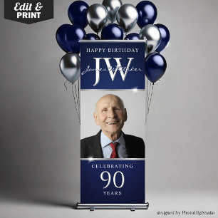 Custom Initials 90th Birthday Silver and Blue  Retractable Banner