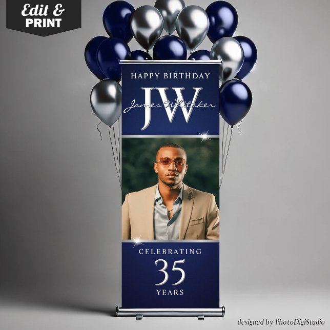 Custom Initials Any Age Birthday Decor Blue Silver Retractable Banner (Custom Initials Any Age Birthday Decor Blue Silver Retractable Banner)