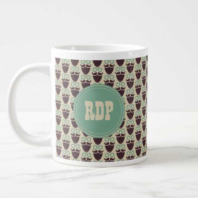 Custom Initials Beards & Eyeglasses Hipster Giant Coffee Mug (Left)