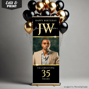 Custom Initials Birthday Banner Black Gold Any Age