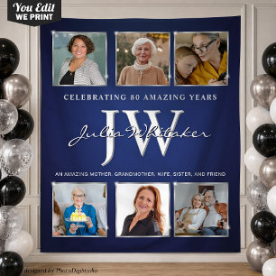 Custom Initials Birthday Banner Blue Silver Tapestry