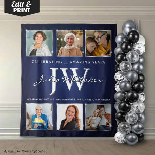 Custom Initials Birthday Banner Blue Silver  Tapestry