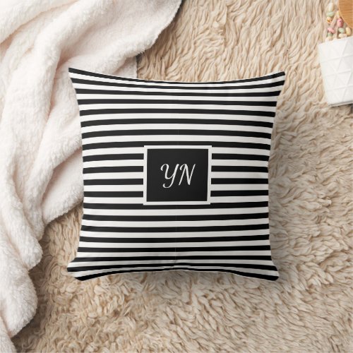 Custom initials Black and White Striped  Throw Pillow