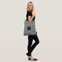 Black and White Stripe Pink Heart Monogram Tote Bag