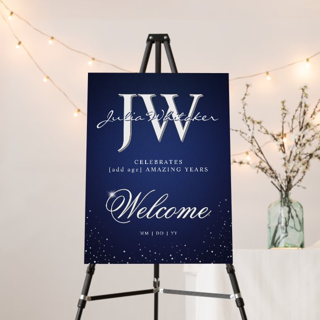 Custom Initials Blue Silver Birthday Welcome Foam Board (In Situ (Stand))