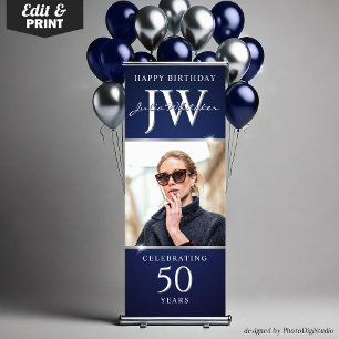 Custom Initials Blue Silver Decor 50th Birthday Retractable Banner