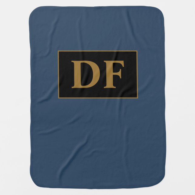 Custom Initials Blue With Gold Initials Baby Blanket (Front)