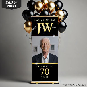 Custom Initials Decor, Black Gold Photo Birthday  Retractable Banner