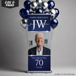 Custom Initials Decor, Blue Silver Photo Birthday Retractable Banner