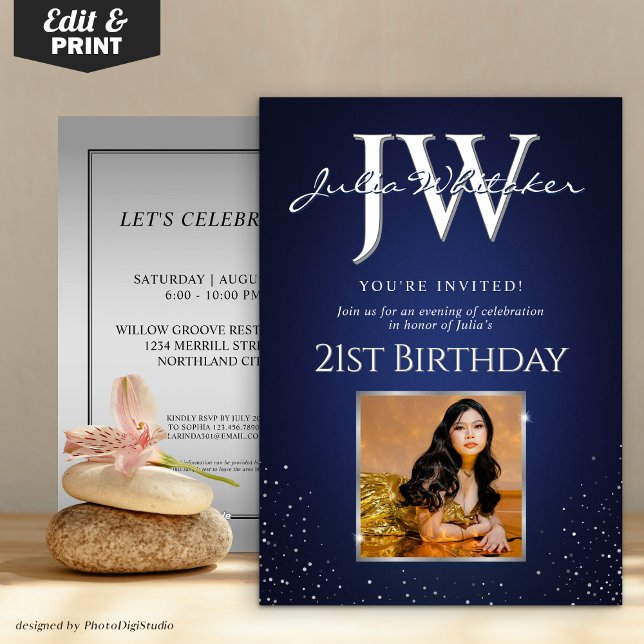 Custom Initials Elegant 21st Birthday Blue Silver  Invitation (Custom Initials Elegant 21st Birthday Blue Silver Invitation)